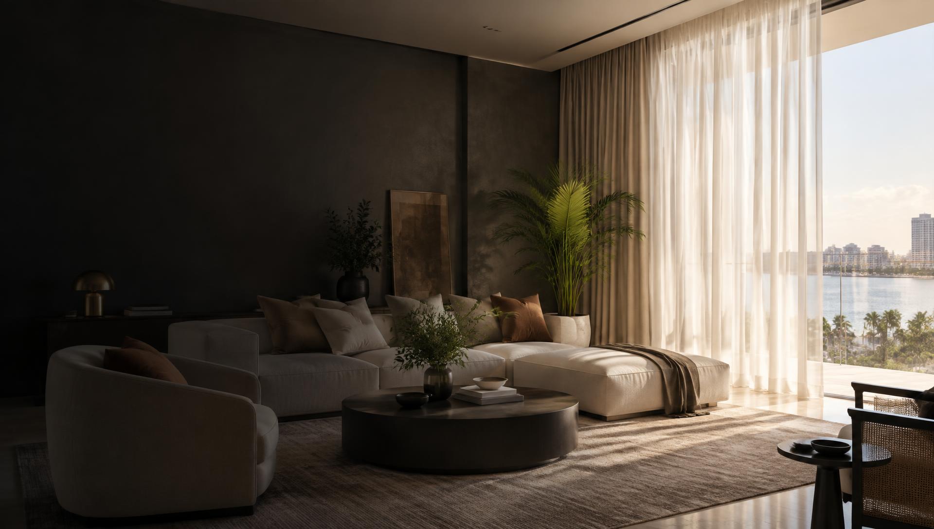 Sala contemporânea com cortinados de linho sob medida